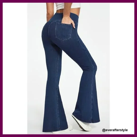 High Waisted Bell Bottom Jeans Stretchy Flare Wide Leg Pull On Pants